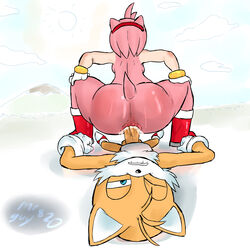 amy_rose anal ass biting_lip cum_in_ass cum_in_pussy hands_on_knees huge_ass large_female miles_prower mrguy820 nude_female reverse_cowgirl_position sonic_(series) squatting tails tails_the_fox