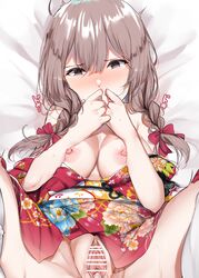 absurdres alternate_costume blush braid breasts brown_eyes brown_hair censored clitoris eyebrows_visible_through_hair female floral_print hair_ribbon highres japanese_clothes kagurazaka_miyabi kantai_collection kimono large_breasts long_hair long_sleeves looking_at_viewer lying nipples on_back pussy red_ribbon ribbon shinshuu_maru_(kantai_collection) spread_legs twin_braids white_legwear wide_sleeves yukata