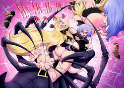 2girls barefoot billvicious blonde_hair crossover cynthia_(pokemon) feet femdom human interspecies larger_female monster_musume_no_iru_nichijou nintendo nipple_licking pokemon pokemon_dppt rachnera_arachnera smaller_female soles spider_girl text thick_thighs tickling tickling_feet tickling_nipples toes wide_hips yuri