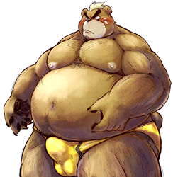 2020 absurd_res anthro ashigara balls_outline belly blush brown_body brown_fur bulge chiro_(artist) clothing fur genital_outline hi_res humanoid_hands kemono male male_only mammal moobs navel nipples overweight overweight_male penis_outline simple_background solo tokyo_afterschool_summoners underwear ursid video_games white_background