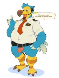 5_fingers animal_crossing anthro avian balls bird bottomless clothed clothing columbid dialogue digital_media_(artwork) dodo english_text feathers fingers flaccid genitals hi_res igiveyoulemons male male_only nintendo open_mouth orville_(animal_crossing) overweight penis simple_background solo standing text tongue video_games