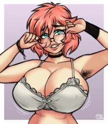 1girls 2d armpit_hair bra choker chubby female female_only glasses green_eyes huge_breasts large_breasts light-skinned_female light_skin looking_at_viewer maxine_(balak) pale-skinned_female pale_skin pink_hair raiounsfw smile solo watermark white_bra