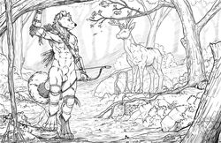 animal_genitalia anthro balls bow_(weapon) canid canine canis casual_nudity cervid domestic_dog duo feral forest fox fully_sheathed fur genitals greyscale hybrid male male_only mammal monochrome nude ranged_weapon sheath stasis_delirium tree weapon