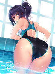 1girls ass bangs blush closed_mouth competition_swimsuit embarrassed eyebrows_visible_through_hair female female_only from_behind hair_tie highres indoors kagematsuri leaning_forward legs_together looking_at_viewer looking_back one-piece_swimsuit original ponytail pool poolside purple_eyes purple_hair ripples solo swimsuit thigh_gap water wet