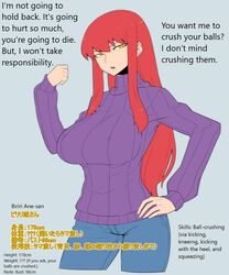 ballbusting biriri_(spacezin) bondage breasts character_sheet clenched_hand cropped_legs denim edited english_text female gijinka hands_on_hip jeans large_breasts pants personification pokemon red_hair ribbed_sweater sidelocks solo spacezin stats sweater text threatening threatening_viewer threatening_words translated tsurime turtleneck voltorb yellow_eyes