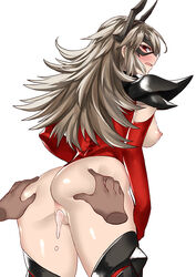 ass big_ass blush breasts censored domino_mask female fire_emblem fire_emblem_heroes from_behind grey_hair kaorihero long_hair looking_back mask mosaic_censoring nipples open_mouth red_eyes simple_background solo_focus thrasir thrasir_(fire_emblem) white_background