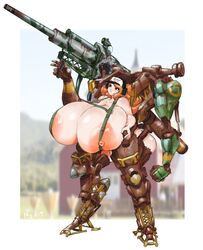 1girls baseball_cap big_breasts breasts cap earphones female female_only gausscannon gun huge_areolae huge_breasts hyper_breasts large_breasts lindsey_mcallister long_hair mecha nipples orange_hair ranged_weapon robot simple_background solo standing topless weapon