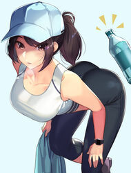 1girls ass bangs bent_over big_ass blue_background blush breasts brown_eyes brown_hair cap female female_only hand_on_leg hat highres kagematsuri leaning_forward original ponytail skin_tight sportswear sweat tank_top tight_pants towel water_bottle yoga_pants