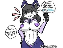 1girls 2020 ahoykoi black_eyes black_hair bunny_ears cameltoe covered_nipples covered_pussy english_text eyebrows_visible_through_hair eyes_visible_through_hair female female_only hand_on_hip heart_pasties heart_shape holding_phone iphone jaiden_animations jaidenanimations jaidens_mom koianimations meme_attire open_mouth partially_clothed partially_clothed_female reverse_bunny_costume reverse_bunnysuit signature smartphone speech_bubble sweating sweaty_belly sweaty_breasts talking_to_another text text_bubble thighs watermark white_background white_body white_skin youtube