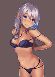 1girls adjusting_bra adjusting_clothes bangs bare_shoulders blue_hair blush bra braid breasts cleavage closed_mouth collarbone cowboy_shot crystal dark_skin elf female female_only hair_over_shoulder head_tilt highres kagematsuri lace lace-trimmed_bra light_smile long_hair looking_at_viewer multicolored_hair original panties pointy_ears purple_eyes silver_hair small_breasts solo strap_slip strapless twin_braids twintails underwear underwear_only