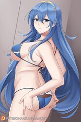 1girls aslindsamure ass big_ass blue_eyes blue_hair blue_panties breasts female female_only fire_emblem fire_emblem_awakening large_breasts lingerie looking_at_viewer looking_back lucina_(fire_emblem) nintendo panties seductive solo underwear