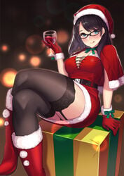 1girls :q alcohol arm_support ass bangs bare_arms belt black-framed_eyewear black_hair black_panties blue_eyes blurry blush boots box breasts brown_legwear capelet christmas cleavage closed_mouth cup depth_of_field dress drinking_glass female female_only fur_trim garter_straps gift gift_box glass glasses gloves green_neckwear hand_up hat highres holding holding_cup kagematsuri legs legs_crossed lens_flare licking_lips long_hair looking_at_viewer medium_breasts mole mole_under_mouth neck_ribbon original panties present red_capelet red_dress red_footwear red_gloves red_headwear ribbon santa_costume santa_hat sidelocks sitting sleeveless sleeveless_dress smile solo thick_thighs thighhighs thighs tongue tongue_out underwear wine wine_glass