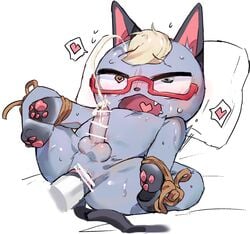 <3_eyes <3_tongue 2020 ahe_gao anal anal_sex animal_crossing anthro black_ears black_tail blonde_hair blush bodily_fluids bound censored cum cumshot cute_fangs domestic_cat ejaculation eyewear felid feline felis fur genital_fluids glasses grey_body grey_fur hair hands_tied heart heart_tongue heterochromia hi_res legs_tied looking_pleasured lying male male_only mammal nintendo on_back open_mouth pawpads paws penetration pillow raymond_(animal_crossing) sakanaeroi sex_toy solo sweat video_games