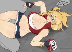 1boy bangle between_thighs black_gloves black_panties blonde_hair blue_eyes blue_shorts blush bracelet breasts canon_genderswap cleavage clothed_female_nude_male crossed_legs crossed_legs_thighjob cutoffs denim embarrassed english_text erection fatal_fury fatal_fury_cap female fingerless_gloves genderswap_(mtf) gloves hat hat_removed headwear_removed high_collar highres hotpants jewelry king_of_fighters large_breasts long_hair lying navel nose_blush nude on_back open_fly panties pantyshot partially_colored patreon_username penis penis_awe pixiv_username ponytail red_vest rule_63 short_shorts shorts slender_waist snk snk_heroines:_tag_team_frenzy solo_focus speech_bubble stomach straight strapless taigerarts terry_(snk_heroines:_tag_team_frenzy) terry_bogard thick_thighs thigh_sex thighjob thighs toned tubetop twitter_username uncensored underwear vest wide_hips