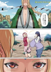 3girls alternate_breast_size big_ass blonde_hair breast_size_difference cleavage deep_cleavage female female_only gigantic_breasts haori huge_breasts hyper_breasts hyuuga_hinata japanese_text large_breasts multiple_girls naruto naruto_(series) naruto_shippuden plump sagging_breasts saint_zcup sakura_haruno small_breasts staring_at_breasts text thick_thighs translation_request tsunade