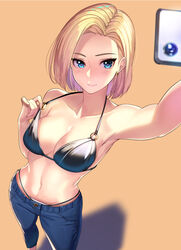 1girls absurdres android_18 armpits bangs bare_shoulders bikini bikini_top black_bikini blonde_hair blue_eyes blue_pants blush breasts cellphone cleavage collarbone denim dragon_ball dragon_ball_z earrings female female_only foreshortening from_above highres holding holding_phone jeans jewelry kagematsuri large_breasts looking_at_viewer navel o-ring pants parted_bangs phone self_shot selfie short_hair smile solo strap_pull swimsuit yellow_background