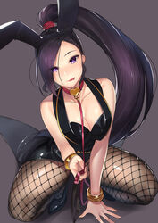 1girls animal_ears arm_support bangs bare_shoulders black_leotard blush bracelet breasts bunny_ears bunnysuit choker cleavage clothing collar collarbone dragon_quest dragon_quest_xi eyes_visible_through_hair fake_animal_ears female female_only fishnet_pantyhose fishnets fully_clothed grey_background heart heart-shaped_pupils heart_choker highres holding_leash jade_(dq11) jewelry kagematsuri large_breasts leash leotard licking_lips long_hair looking_at_viewer pantyhose ponytail purple_eyes purple_hair revision shiny shiny_clothes solo squatting swept_bangs symbol-shaped_pupils tongue tongue_out very_long_hair vest