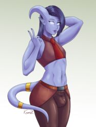 1boy axlxriss belly belly_button blue_hair bulge crop_top demon_horns demon_tail draenei femboy girly male male_draenei male_only peace_sign trap world_of_warcraft