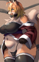 ahoge anthro belly big_breasts black_nose blonde_hair blue_eyes blush breasts brown_background canid canine cheek_tuft chest_tuft clothed clothing collar countershading curvy_figure cute_fangs dipstick_ears dipstick_tail facial_tuft female fluffy fluffy_tail fox fur genitals gloves_(marking) hair huge_breasts kemono kemosara legwear looking_at_viewer mammal markings multicolored_body multicolored_ears multicolored_fur multicolored_hair multicolored_tail navel obi open_mouth orange_body orange_fur orange_hair plump_camel_toe robe simple_background slightly_chubby solo standing tan_body tan_countershading tan_fur thick_thighs thigh_highs translucent tuft two_tone_hair voluptuous wide_hips