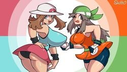 2girls aged_up alternate_breast_size ass bag belt big_breasts blue_eyes breast_size_difference brown_eyes brown_hair clothed female female_only huge_breasts human large_ass leaf_(pokemon) leaf_(pokemon)_(cosplay) long_hair may_(pokemon) may_(pokemon)_(cosplay) may_(pokemon_emerald) may_(pokemon_emerald)_(cosplay) nintendo nipples nipples_visible_through_clothing pokemon pokemon_frlg pokemon_rse short_hair skitterleaf text thick_thighs watermark wide_hips