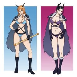 artist_request beast_pirates beast_pirates_(cosplay) big_breasts bikini bikini_uniform black_gloves boots cape clima-tact deaconcell female female_only horns nami nico_robin one_piece post-timeskip