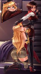 2girls anilingus anus ass black_hair blonde_hair blush female female_only female_protagonist hand_on_head high_heel_boots high_heels incest long_hair multiple_girls nenerhea open_mouth prosthetic prosthetic_arm purple_eyes rimjob rimming robotic_arm ruby_rose rwby short_hair sisters yang_xiao_long yuri