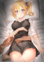 1girls 5_fingers asymmetrical_hair bangs bed big_breasts blonde blonde_hair blue_eyes blue_nails blush blushing blushing_at_viewer breast_rest breasts colored cute cyan_nails dress embarrassed eyebrows_visible_through_hair eyelashes eyelashes_visible_through_hair female female_focus female_only fingernails fit fit_female from_above front_view gyaru hair_between_eyes hair_ribbon hayasaka_ai hi_res highres indoors kaguya-sama_wa_kokurasetai_~tensai-tachi_no_renai_zunousen~ kogal legs_together light-skinned_female light_skin long_bangs looking_at_viewer lying lying_on_bed nail_polish necklace ponytail schoolgirl shy skirt solo solo_female solo_focus thick thick_ass thick_hips thick_thighs thighs thin_waist tied_hair wide_hips yellow_hair