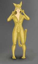 allex92 anthro bethesda_softworks bodysuit bulge clothing eugeniy_g felid hi_res human katia_managan khajiit latex latex_skinsuit latex_suit male mammal oblivion prequel rubber rubber_suit simple_background skinsuit solo the_elder_scrolls tight_clothing transformation video_games webcomic yellow_body