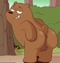 anus ass balls black_nose cartoon_network eyebrows fuf genitals grass grizzly_(wbb) half-closed_eyes hi_res looking_at_viewer male male_only mammal narrowed_eyes nude outside solo text url ursid we_bare_bears