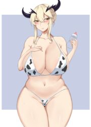 1girls 2021 areola_slip artoria_pendragon artoria_pendragon_(lancer_alter) belly big_breasts blonde_hair blush bottle_of_milk collarbone cow_print erimiko fate/grand_order fate_(series) hand_on_breast hand_on_chest hand_on_own_breast hand_on_own_chest huge_breasts navel simple_background solo standing thighs yellow_eyes