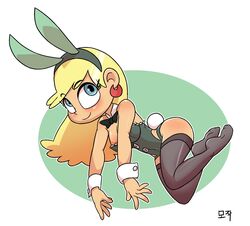 1girls anonymouse ass blonde_hair blue_hair blush bow_tie breasts bunny_ears bunny_tail bunnysuit earrings feet female female_only human leni_loud lingerie smile solo solo_female solo_focus stockings straight_hair the_loud_house thigh_highs thighhighs thighs