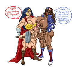 2futas america_chavez american_flag big_ass black_hair blue_eyes boots breasts_bigger_than_head brown_eyes brown_hair cape commission crossover dark-skinned_futanari dark_skin dc_comics dialogue frottage futa_on_futa futa_only futanari hammer huge_breasts huge_cock interracial large_breasts light-skinned_futanari light_skin marvel marvel_comics mjolnir muscular muscular_futanari size_comparison sunglasses_on_head wonder_woman wonder_woman_(series)