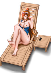 1girls bare_shoulders barefoot blush breasts breasts_out cellphone chair drink feet female female_only green_eyes hair_over_one_eye looking_at_viewer mei_terumi naruto naruto_shippuden nipples off_shoulder orange_hair seisen simple_background spilling swimsuit swimsuit_aside vagina wet wet_pussy white_background