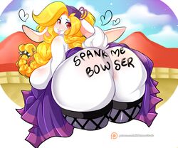 ass bent_over big_breasts big_butt blonde_hair body_writing breasts broodal clothing female hair hariet_(mario) heart huge_butt lagomorph legwear leporid looking_back luna_lupin mammal mario_(series) name_drop nelone nintendo no_underwear rabbit super_mario_odyssey thigh_highs upskirt video_games