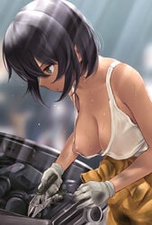 bare_shoulders blurry blurry_background bob_cut breasts brown_hair car cleavage dark_skin dirty dirty_arm dirty_clothes engine female girls_und_panzer gloves green_eyes ground_vehicle highres holding hoshino_(girls_und_panzer) jumpsuit large_breasts mechanic motor_vehicle nipple_slip nipples orange_jumpsuit shirt short_hair sleeveless sleeveless_shirt solo sweat sweatdrop tank_top tools wa_(genryusui) white_gloves white_shirt