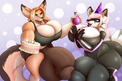 3:2 anthro balls big_breasts breasts cake canid canine cleavage clothed clothing dessert duo felid food fox genitals gynomorph hi_res intersex mammal open_mouth pantherine penis potion simonaquarius tiger