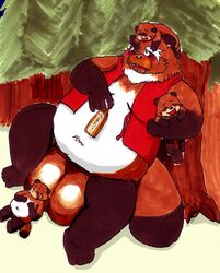 2011 absurd_res anthro balls belly big_balls blush brown_body brown_fur canid canine carrying fur genitals group hi_res humanoid_hands kemono male male_focus male_only mametanu_tanuki mammal outside overweight overweight_male raccoon_dog sitting sleeping tanuki