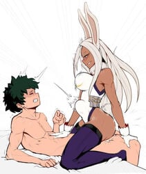 big_ass bunny_ears dark-skinned_female dark_skin forced_sex gloves interracial izuku_midoriya large_breasts miruko my_hero_academia nixion nude_male_clothed_female rumi_usagiyama stomach_bulge white_gloves white_hair