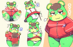 ? animal_crossing anthro belly big_sister_villager blush bodily_fluids charlise_(animal_crossing) clothing duo female fur genital_fluids green_body green_fur hi_res hug human larger_female male mammal navel nintendo overweight overweight_female panties pussy_juice rantan_chan size_difference slightly_chubby straight underwear ursid video_games villager_(animal_crossing)