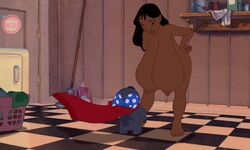 1girls black_hair breasts brown_eyes dark-skinned_female dark_skin disney edit erect_nipples female hands_on_hips hanging_breasts huge_breasts hyper_breasts lilo_and_stitch long_hair looking_down nani_pelekai nipples nude_female puffy_areola screenshot_edit stitch tiddlesndinks