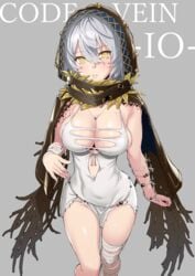 artist_request bandaged_arm bandaged_leg bandages bangs bare_shoulders breasts cleavage code_vein dress eyebrows_visible_through_hair female female_only hair_between_eyes highres io_(code_vein) jewelry large_breasts looking_at_viewer necklace parted_lips short_hair silver_hair solo torn_clothes torn_dress typehatena white_dress yellow_eyes