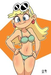 1girls anonymouse ass_visible_through_thighs blonde_hair blue_eyes blush bra breasts earrings female female_only hands_on_hips leni_loud midriff navel panties smile solo solo_female solo_focus straight_hair swimsuit the_loud_house thigh_gap thighs