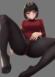 1girls bangs barefoot black_hair black_legwear bob_cut breasts brown_eyes earrings feet female female_only grey_background highres jewelry kagematsuri leggings leotard leotard_aside long_sleeves looking_at_viewer medium_breasts original panties panties_under_pantyhose pantyhose parted_lips red_leotard ribbed_leotard ring see-through simple_background sitting smile solo spread_legs stud_earrings sweater toes turtleneck_leotard underwear wedding_band