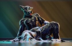 3d anthro ball_gag black_body black_goo canid canine dripping gag glistening glistening_body goo_transformation hi_res male mammal melting null_bulge rubber simple_background smooth_skin solo tar transformation yipkin