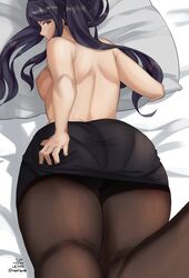 1girls ass bed bed_sheet big_ass female female_only julianne_stingray miniskirt nipples pantyhose pillow presenting presenting_hindquarters skirt solo thick_thighs thighs topless treeofbless va-11_hall-a