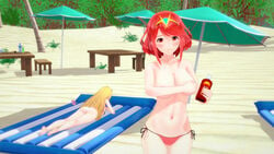 2girls azmo beach big_breasts blonde_hair dat_ass female_only happy mythra nintendo pyra red_hair sunbathing swimsuit topless video_games xenoblade_(series) xenoblade_chronicles_2