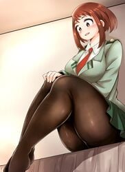 1girls adahcm big_breasts blush brown_eyes brown_hair female female_only legs my_hero_academia ochako_uraraka pantyhose school_uniform short_hair sitting smile solo solo_female solo_focus thick_thighs u.a._school_uniform