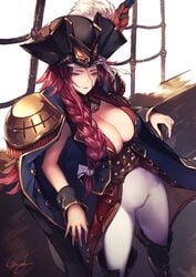 boots braid breasts cleavage closed_mouth fate/grand_order fate_(series) female francis_drake francis_drake_(fate) hat hat_feather huge_breasts jacket_on_shoulders knee_boots large_breasts long_hair looking_at_viewer pants pink_hair pirate plume scar ship signature simple_background solo standing underbust watercraft white_background white_pants