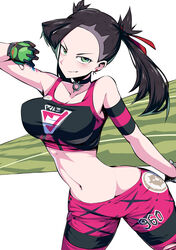 1girls 2019 abs aged_up alternate_breast_size alternate_outfit armband armpits asymmetrical_hair bare_shoulders belly black_hair breasts choker cleavage clothed clothing collarbone cowboy_shot crop_top dusk_ball earrings eye_contact female female_only fit_female forehead gloves green_eyes gym_uniform hair_ribbon half-closed_eyes highres holding_object holding_poke_ball human human_only jewelry large_breasts leggings looking_at_viewer marnie_(pokemon) midriff navel nintendo poke_ball pokemon pokemon_ss ribbon sleeveless smile solo sports_bra sportswear suzusiigasuki text thigh_gap thighs tied_hair twintails watermark white_background wide_hips