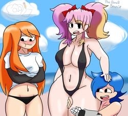 3girls blue_hair blush cute embarrassed female female_only human_meggy long_hair looking_away meggy_spletzer orange_hair saiko_bichitaru_(smg4) sling_bikini sling_swimsuit slingshot_swimsuit smg4 tagme tari_(smg4) thebombbeanie